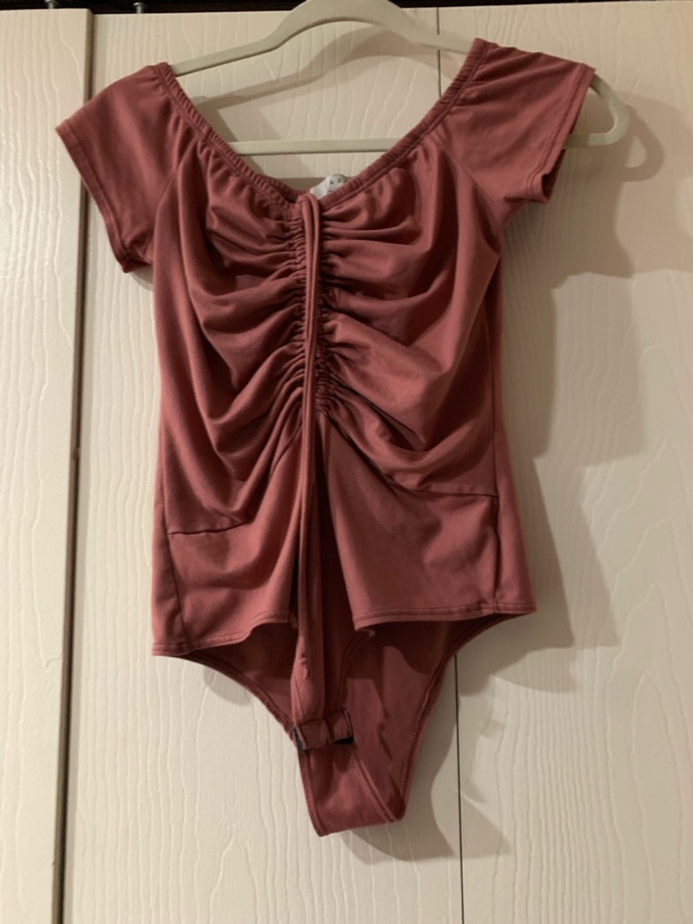 Ruched Front Short Sleeve Bodysuit in Dusty Rose